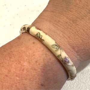 Jui Long Xing Bangle Clamper Bracelet, gold tone w/ ivory enamel floral design